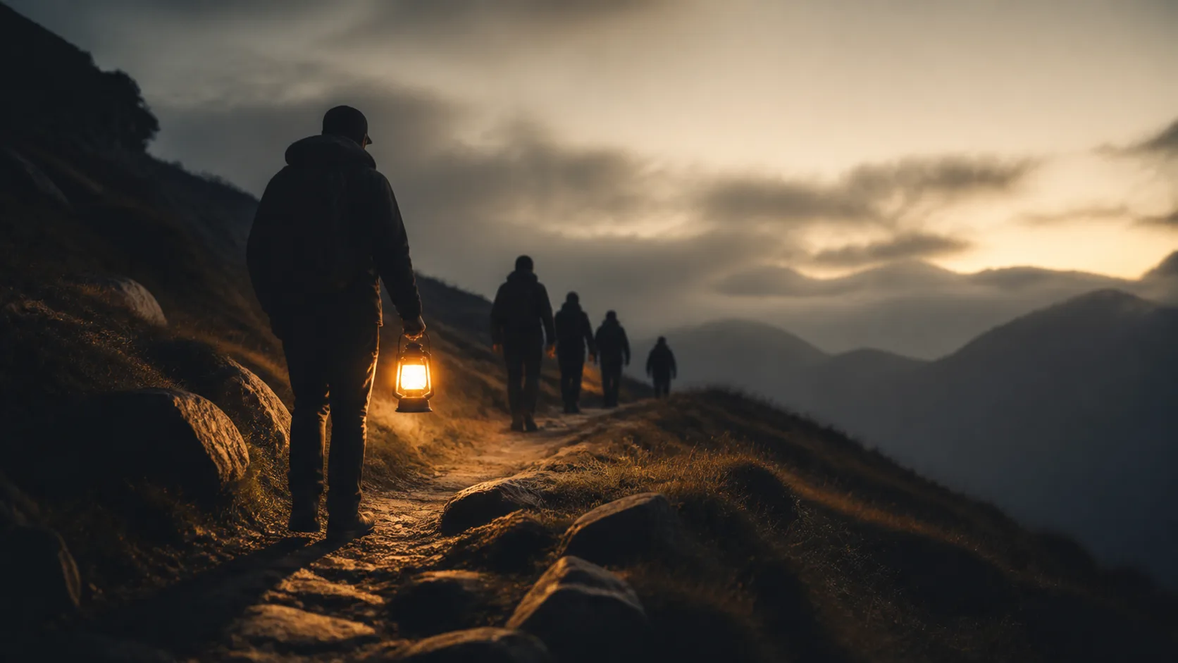 Pessoa com lanterna iluminando o caminho de um grupo, representando liderança.