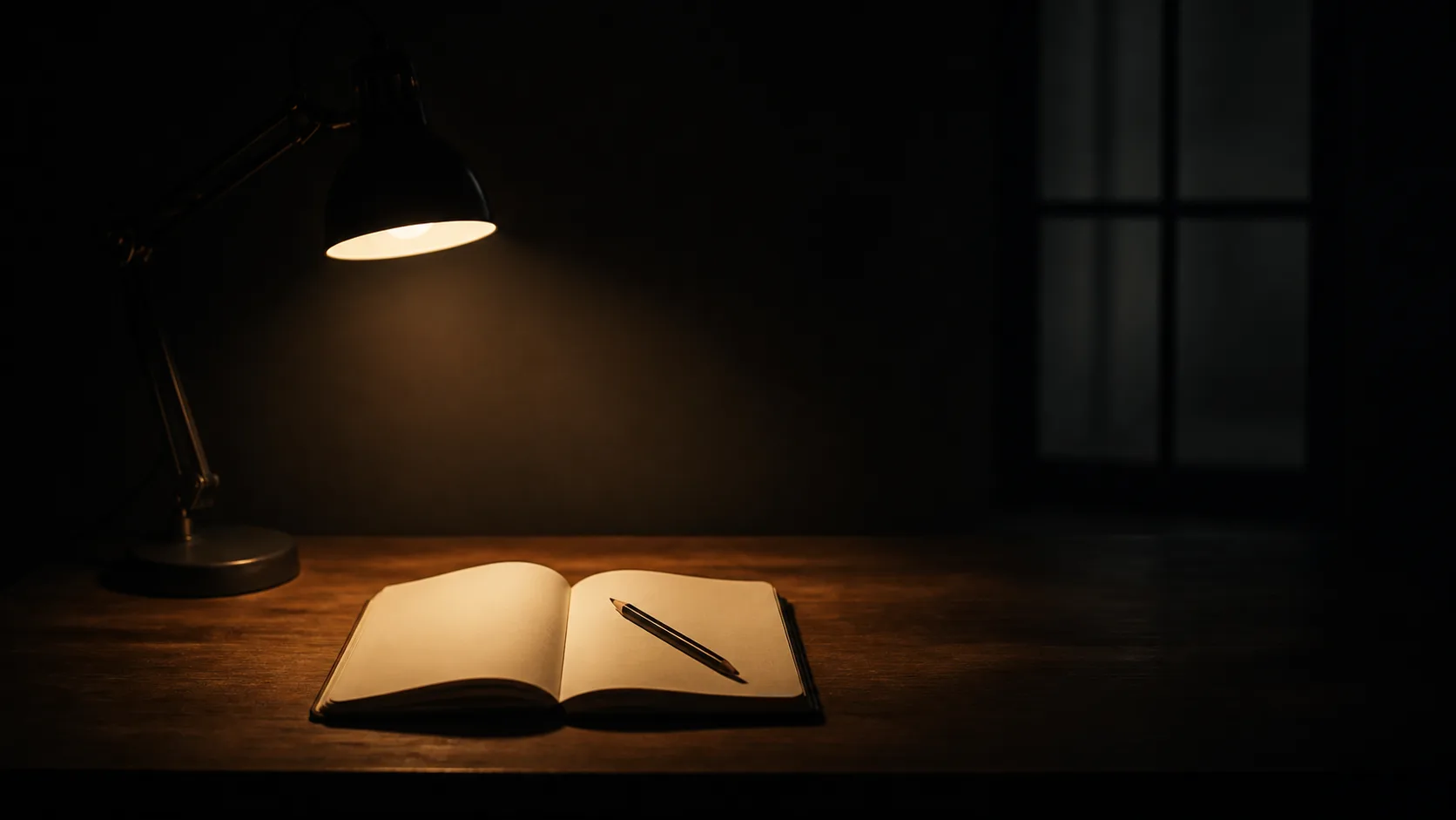 Caderno aberto sob a luz concentrada de uma luminária, representando trabalho profundo.