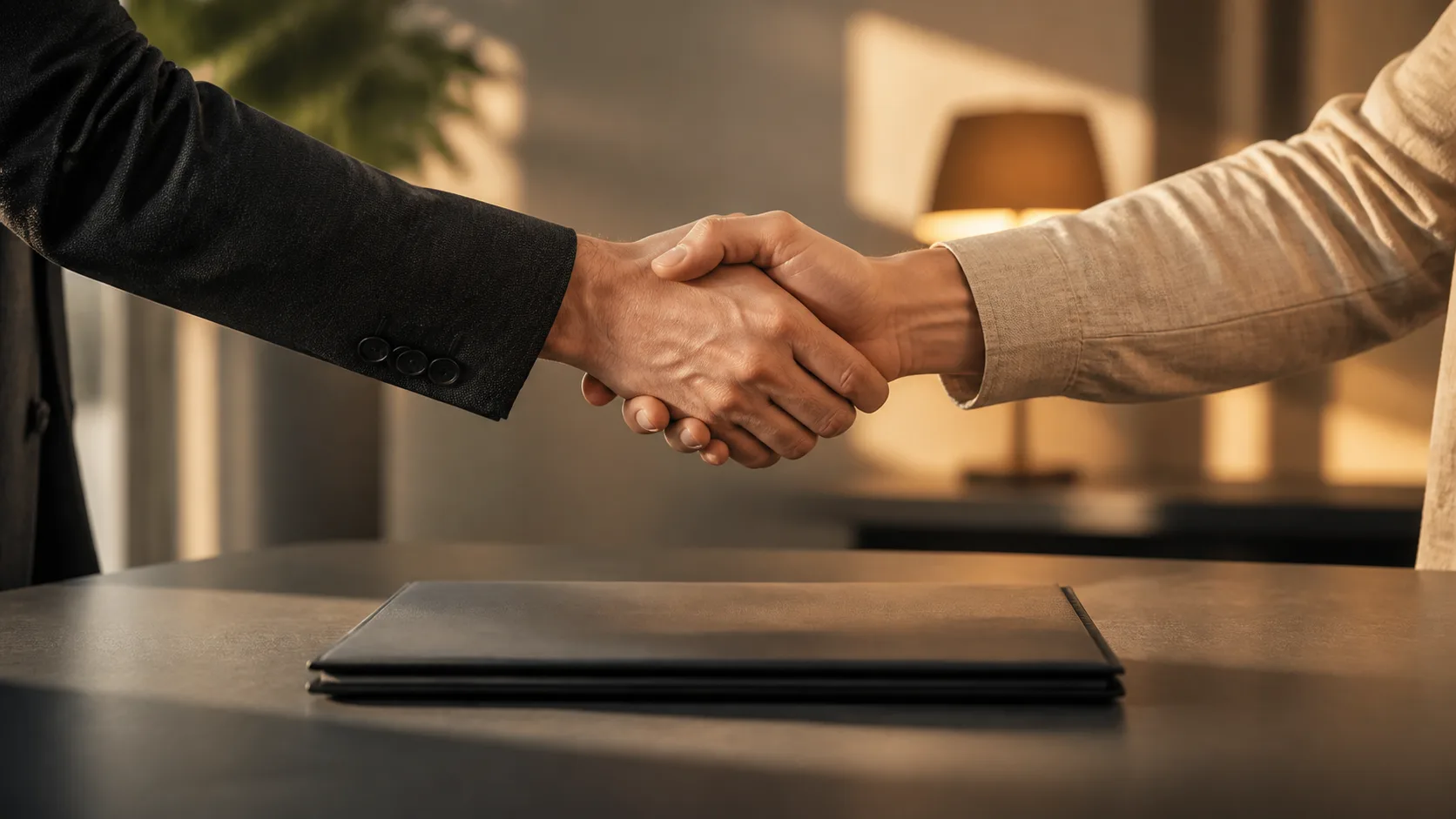Duas pessoas apertando as mãos sobre uma proposta sem texto, representando vendas com confiança.