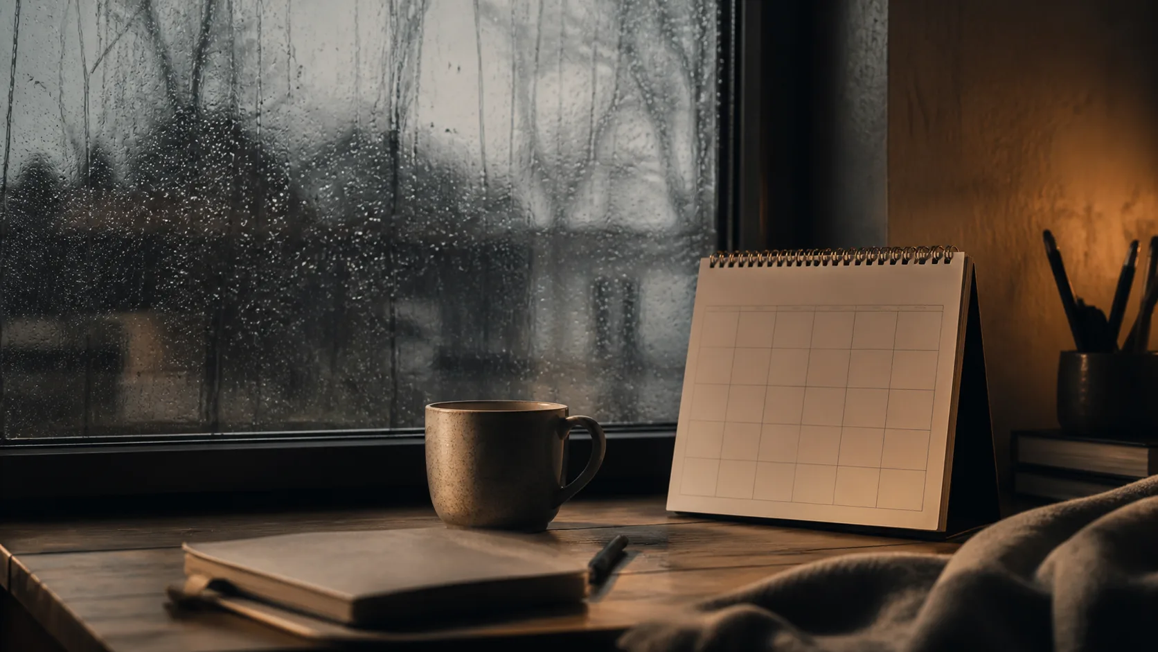 Calendário, xícara e janela com chuva sugerindo uma rotina mantida em um dia difícil.