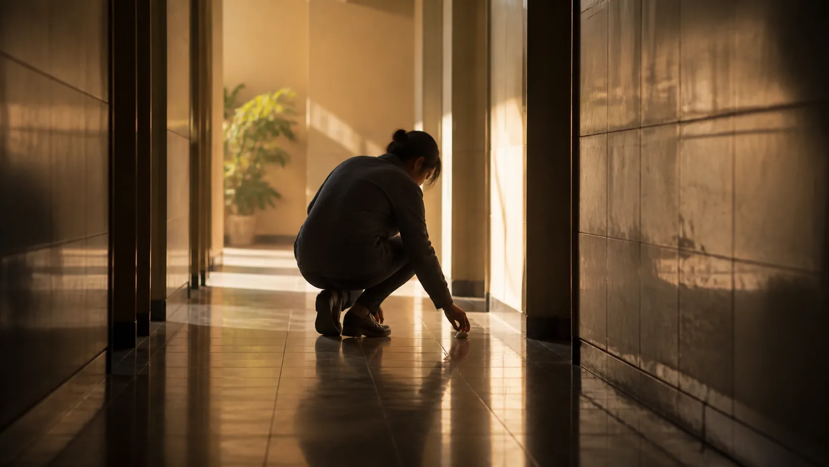 Pessoa recolhendo um objeto caído em um corredor simples e silencioso.
