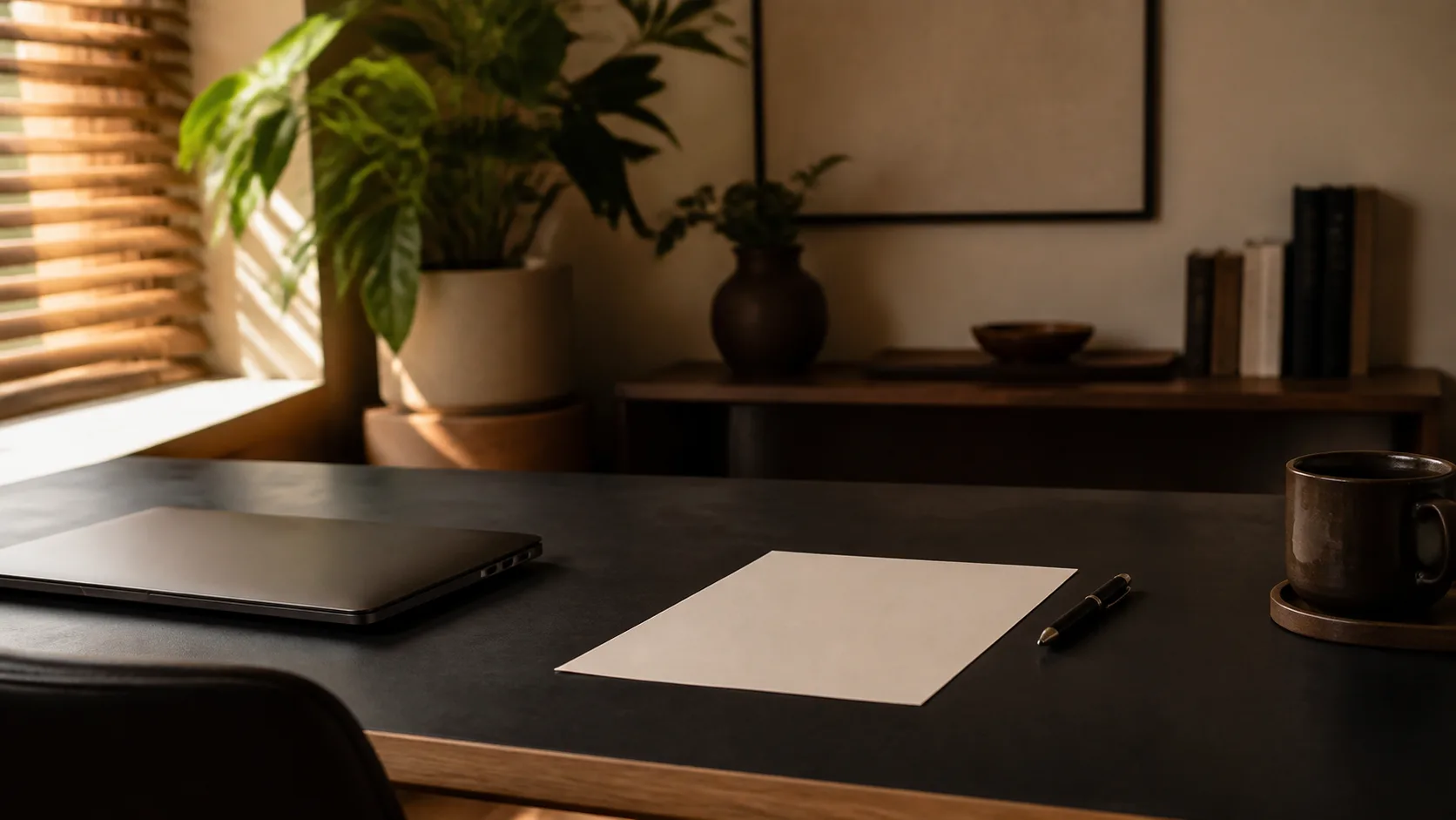 Mesa organizada com notebook fechado e uma única folha sob luz natural.
