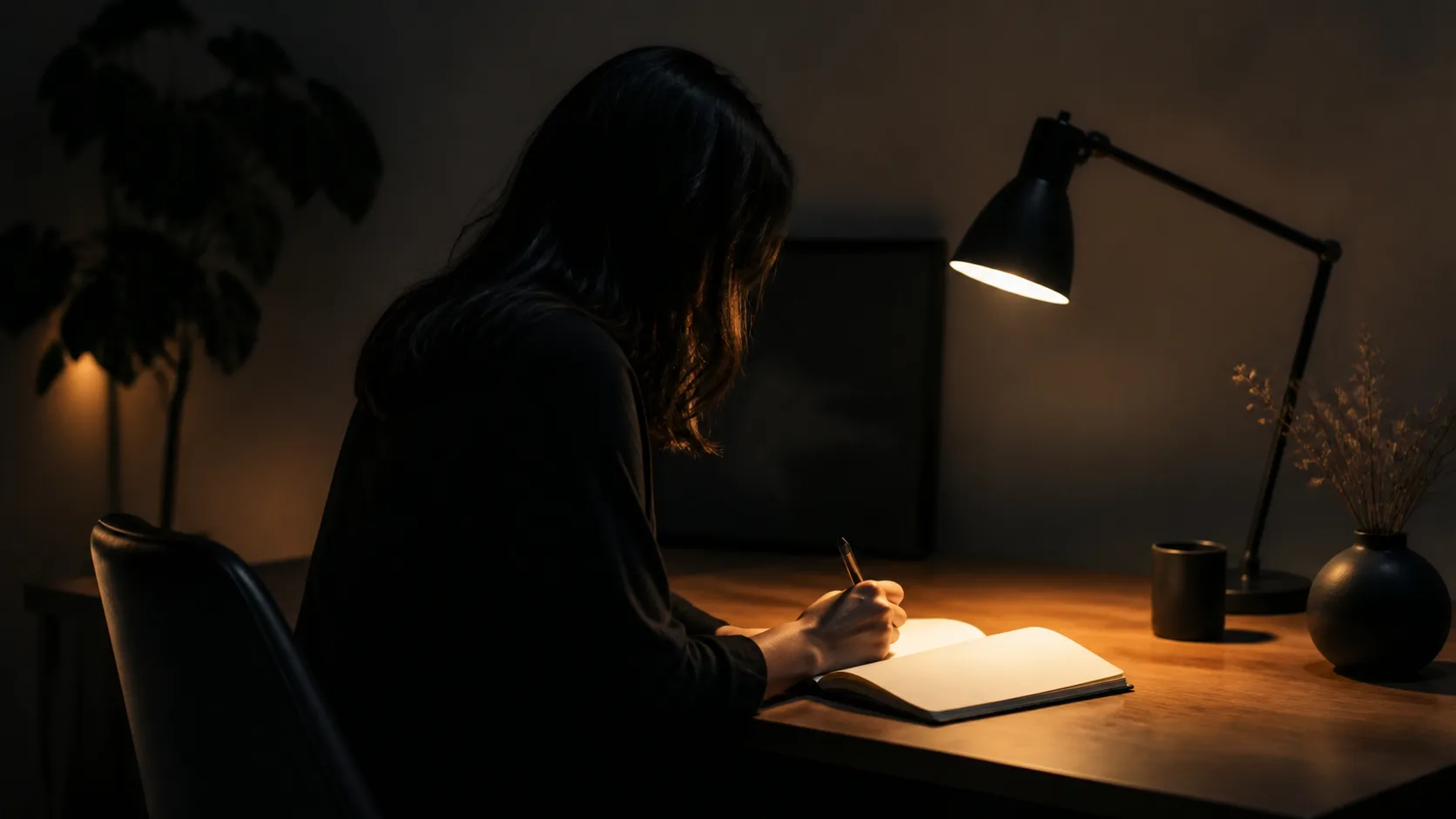 Pessoa trabalhando concentrada em uma mesa simples iluminada sobre o caderno.
